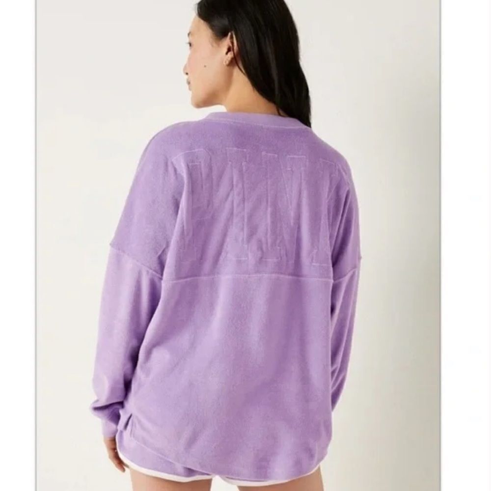 Victorias Secret Pink Varsity Terry Cloth V Neck Oversized Pullover petal purple - Picture 5 of 8